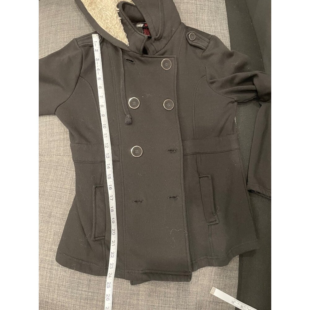 J.J. Basics Black Hooded Cotton Blend Pea-coat Style Jacket Sz L - Picture 6 of 7